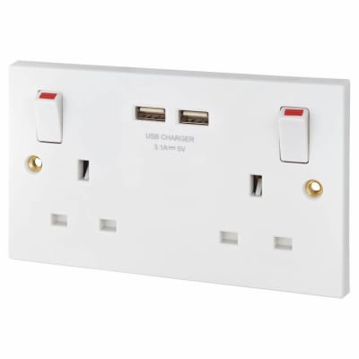 13A 2 Gang Switched Socket Dual USB Charger Slots White